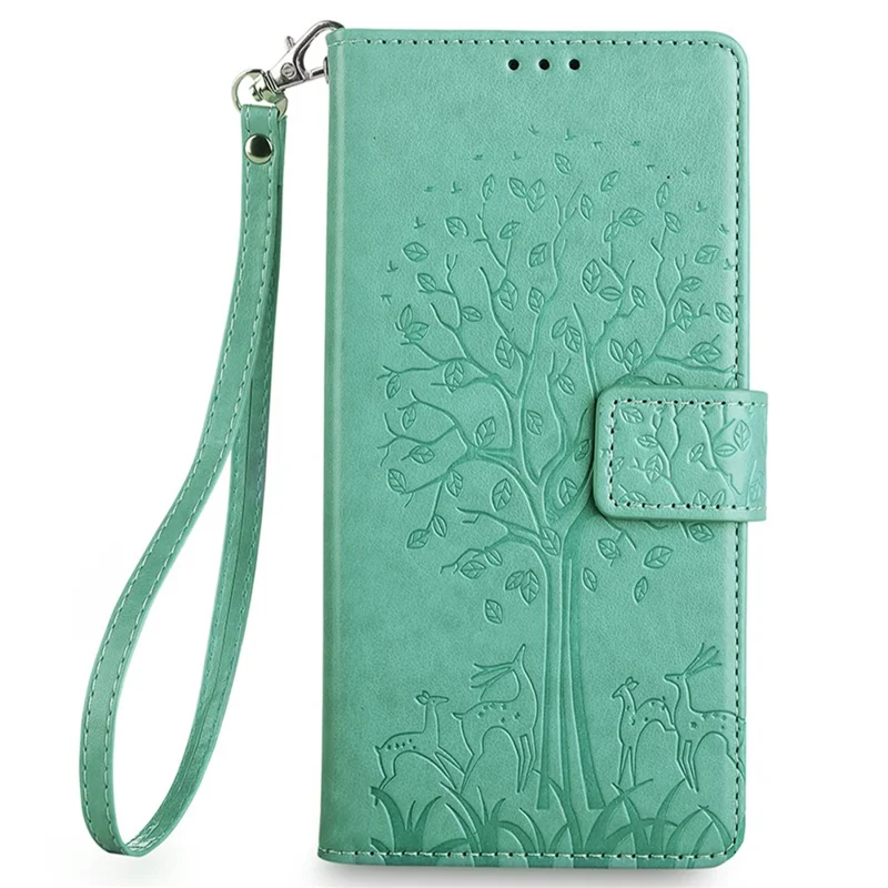 For Samsung Galaxy M15 5G Leather Case with 3 Card Slots Tree Pattern Phone Cover - Green
