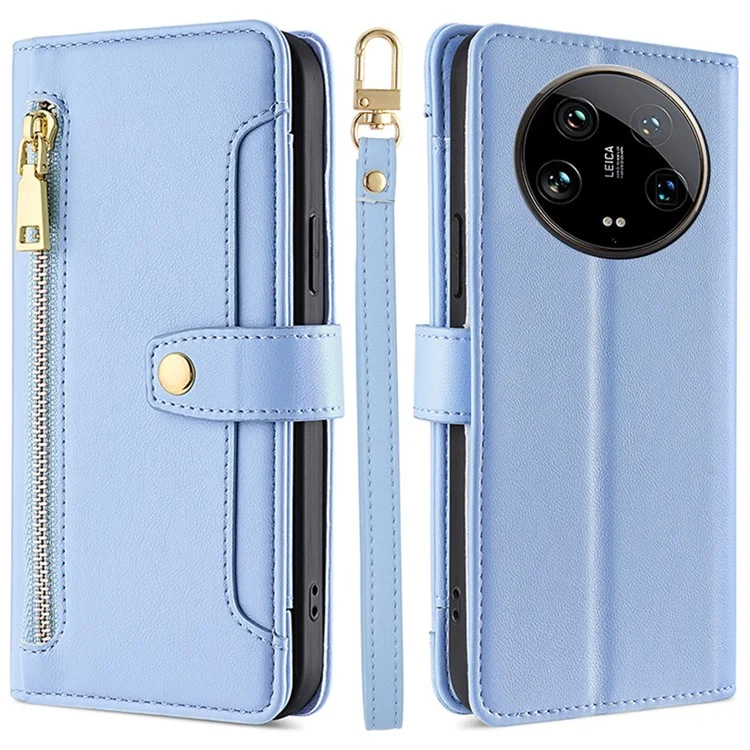 For Xiaomi 14 Ultra Case Zipper Pocket PU Leather Phone Cover Wallet with 2 Straps - Blue