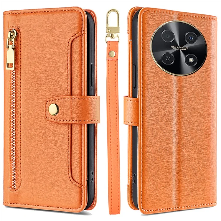 Para Huawei nova 12i 4G Capa do telefone à prova de choque Bolso com zíper Capa de couro de telefone celular carteira com 2 correias - Laranja