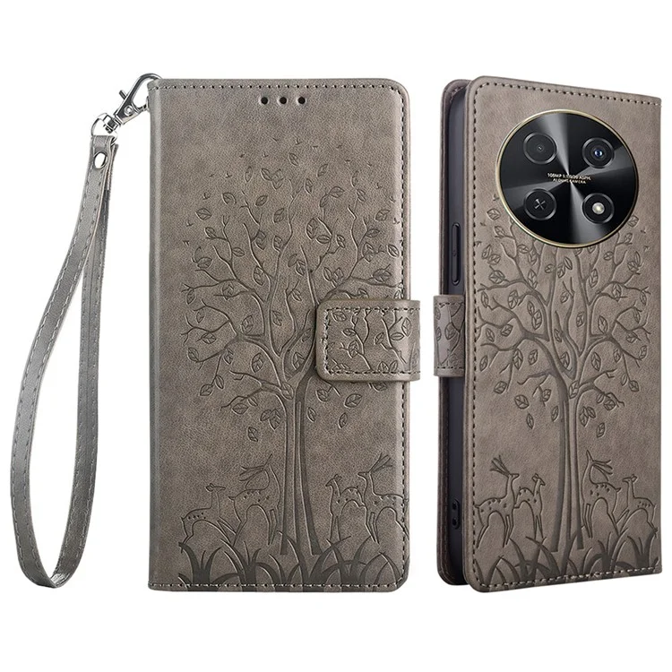 Para Huawei nova 12i 4G Leather Wallet Stand Case Tree Imprinted Cell Phone Cover - Grey