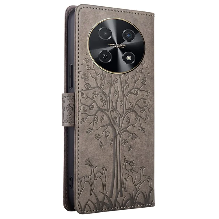 Para Huawei nova 12i 4G Leather Wallet Stand Case Tree Imprinted Cell Phone Cover - Grey