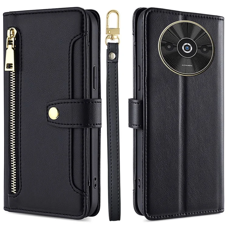 Pour Xiaomi Redmi A3 4G / Poco C61 4G Étui portefeuille à bandoulière Zipé Couverture en cuir - Noir
