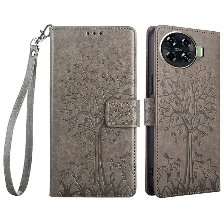 For TECNO Spark 20 Pro+ Case Tree Imprinted Wallet Stand Leather Phone Cover - Grey