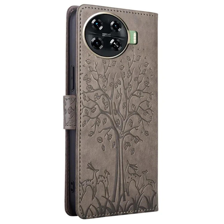 For TECNO Spark 20 Pro+ Case Tree Imprinted Wallet Stand Leather Phone Cover - Grey