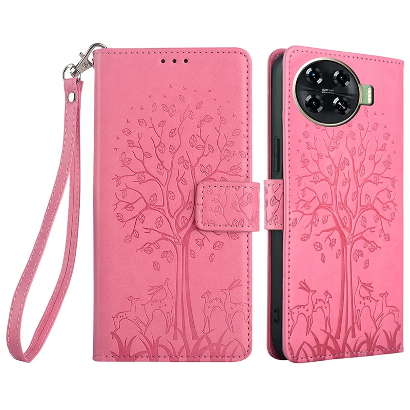 For TECNO Spark 20 Pro+ Case Tree Imprinted Wallet Stand Leather Phone Cover - Pink