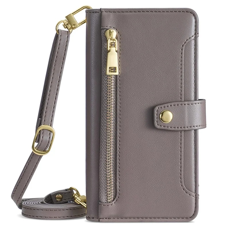 Pour Realme 12 Pro 5G / 12 Pro+ 5G Étuis de téléphone portable avec poche zippée Couverture de cuir bandoulière - Gris