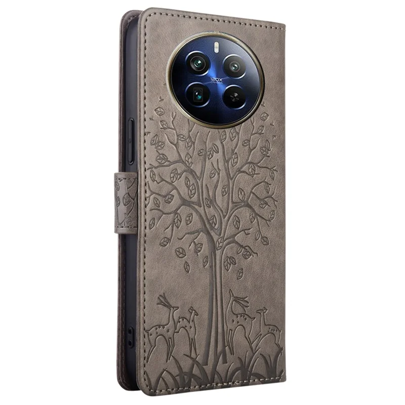 Per Realme 12 Pro 5G / 12 Pro+ 5G Custodia in Pelle Motivo Albero Portafoglio Cover per Telefono - Grigio