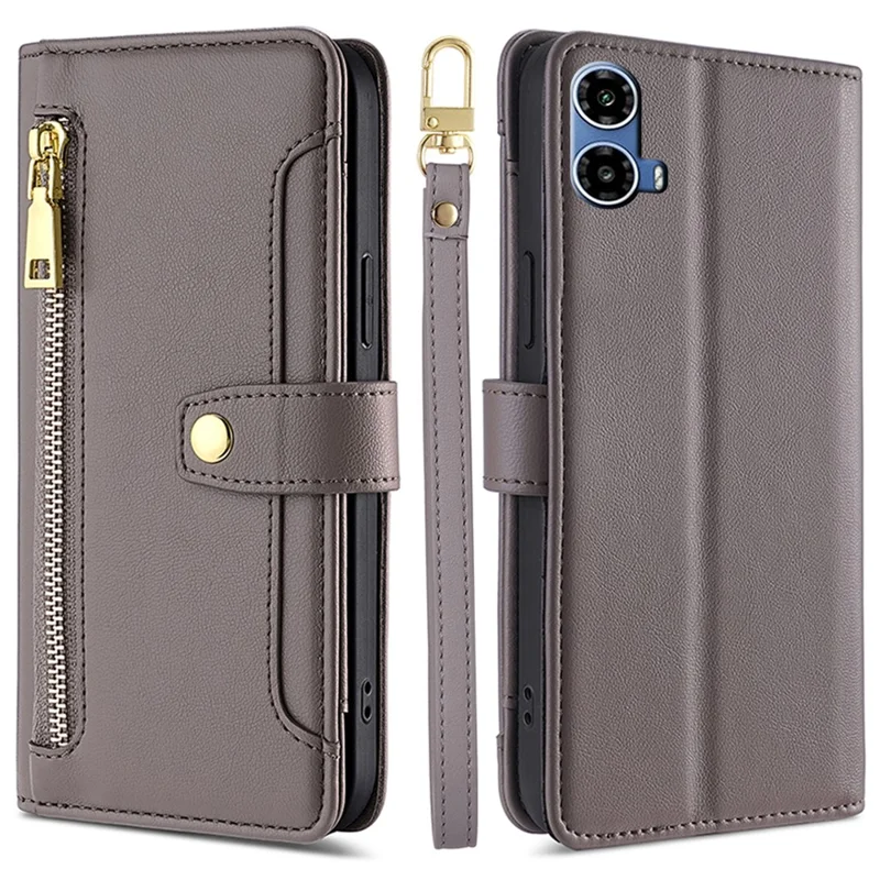 For Motorola Moto G45 5G / G34 5G Leather Case with Shoulder Strap Zipper Wallet Phone Cover - Grey