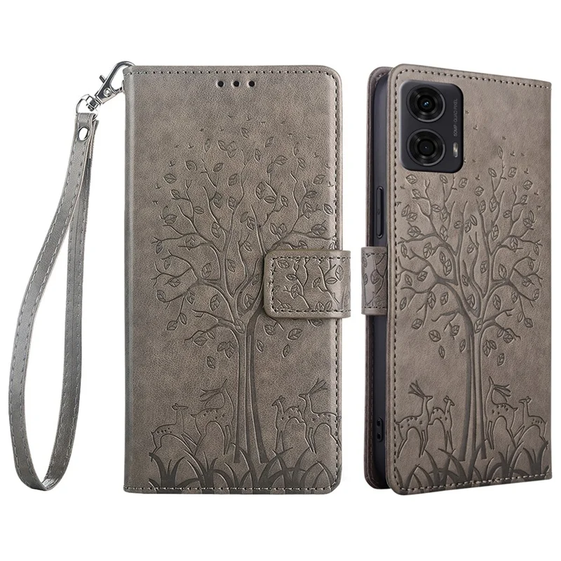 For Motorola Moto E14 4G / G04 4G / G04s 4G / G24 4G Case Tree Pattern Leather Phone Wallet Cover - Grey