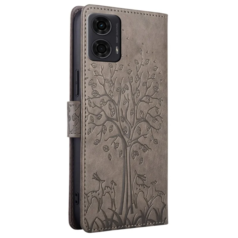 For Motorola Moto E14 4G / G04 4G / G04s 4G / G24 4G Case Tree Pattern Leather Phone Wallet Cover - Grey