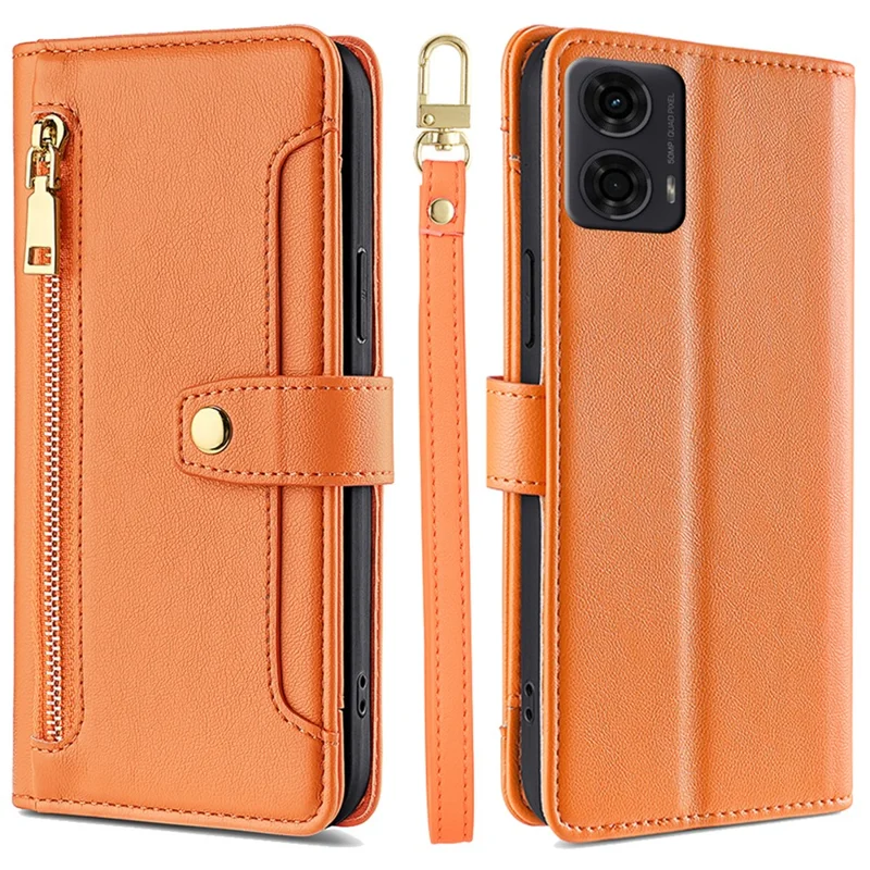Para Motorola Moto E14 4G / G04 4G / G04s 4G / G24 4G Capa de Couro com Zíper Carteira Bolsa para Celular com Alça de Ombro - Laranja