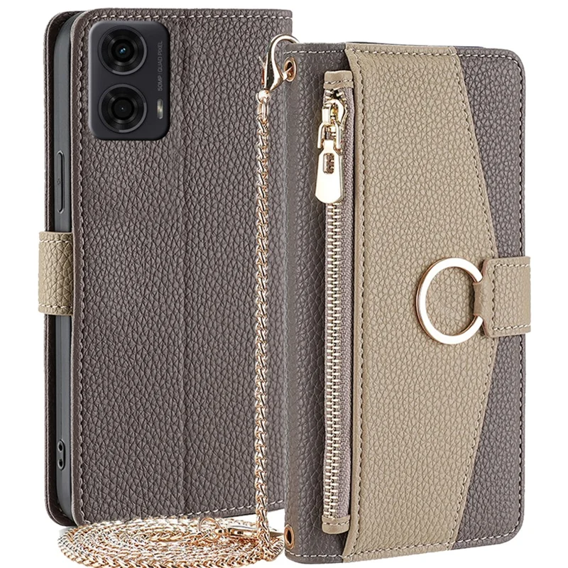 For Motorola Moto E14 4G / G04 4G / G04s 4G / G24 4G Case Zipper Wallet Leather Phone Cover with Mirror Design - Grey