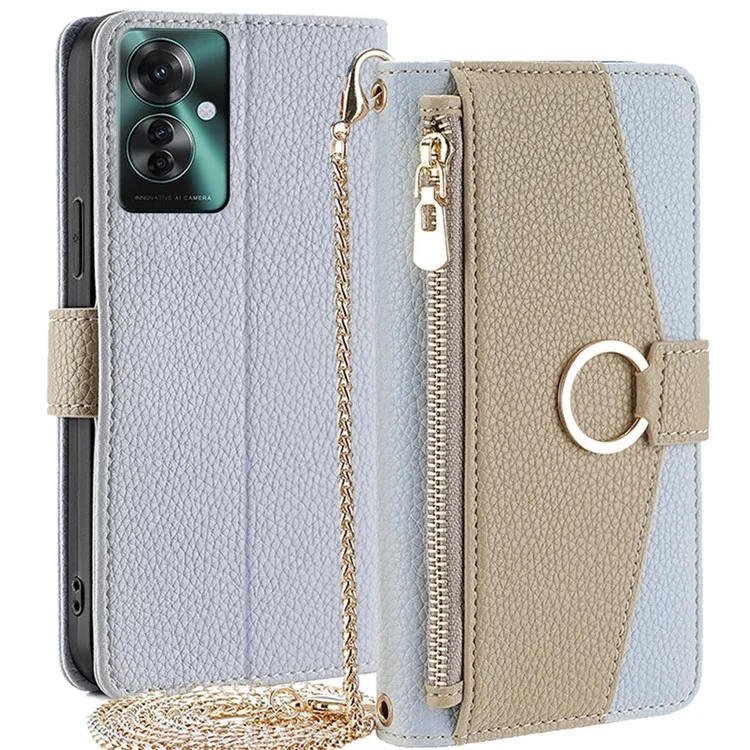 Für Oppo Reno11 F 5G / F25 Pro 5G Hülle Lederbrieftasche mit Spiegel Reißverschluss Telefonabdeckung mit Schultergurt - Blau