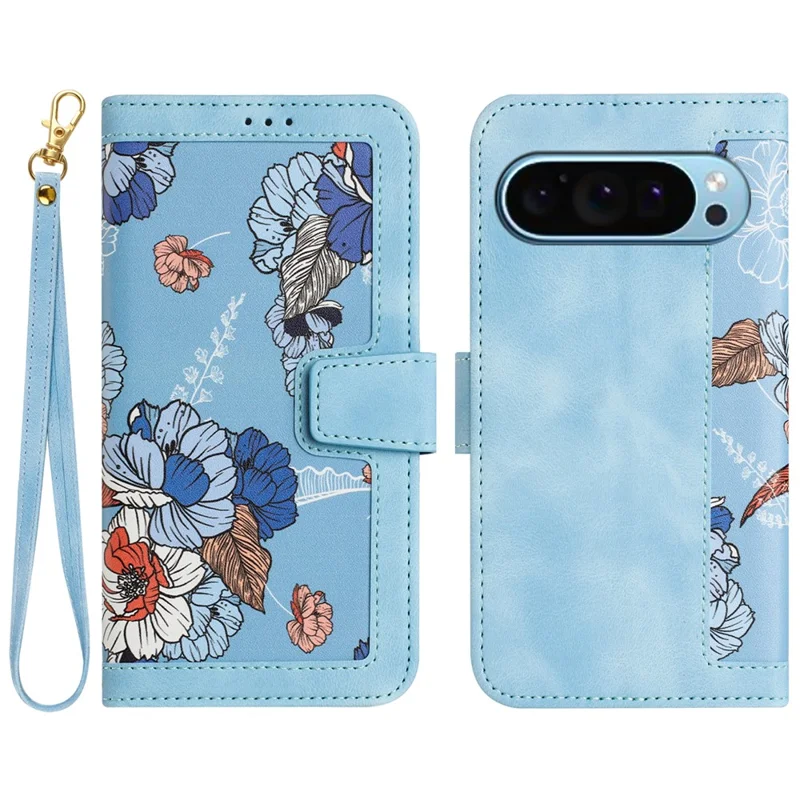 For Google Pixel 9 / Pixel 9 Pro Phone Cover Flower Pattern PU Leather Case with Card Holder and Stand - Baby Blue