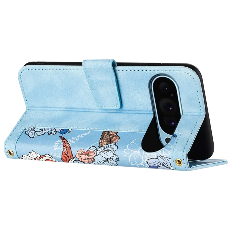For Google Pixel 9 / Pixel 9 Pro Phone Cover Flower Pattern PU Leather Case with Card Holder and Stand - Baby Blue