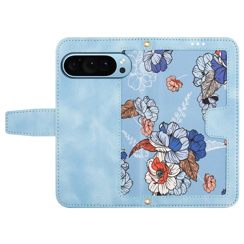 For Google Pixel 9 / Pixel 9 Pro Phone Cover Flower Pattern PU Leather Case with Card Holder and Stand - Baby Blue