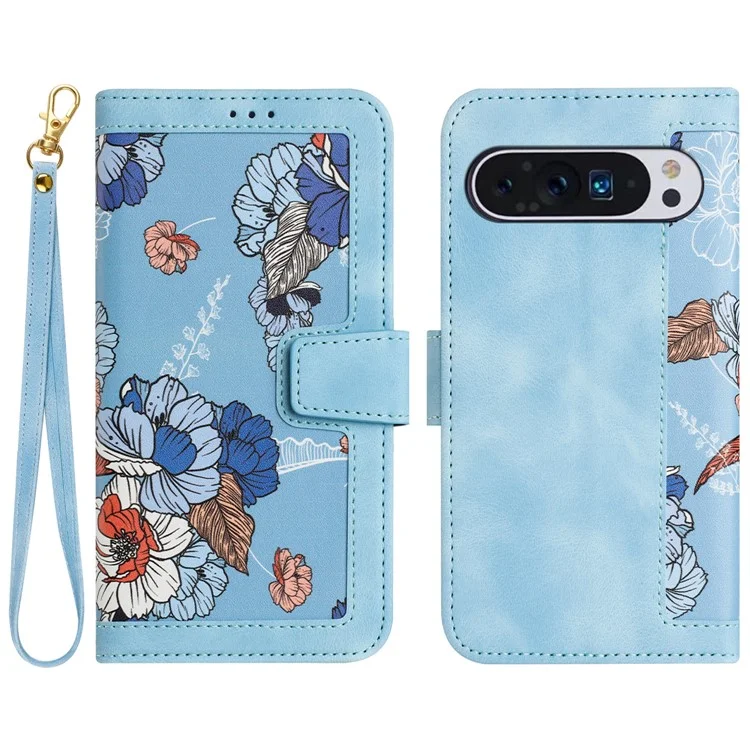Phone Case for Google Pixel 9 Pro XL Flower Pattern PU Leather Stand Cover with Card Holder - Baby Blue
