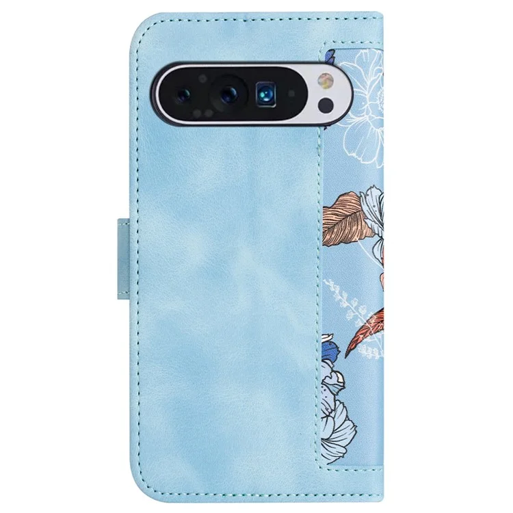 Phone Case for Google Pixel 9 Pro XL Flower Pattern PU Leather Stand Cover with Card Holder - Baby Blue