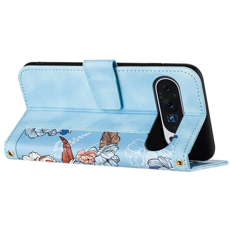 Phone Case for Google Pixel 9 Pro XL Flower Pattern PU Leather Stand Cover with Card Holder - Baby Blue