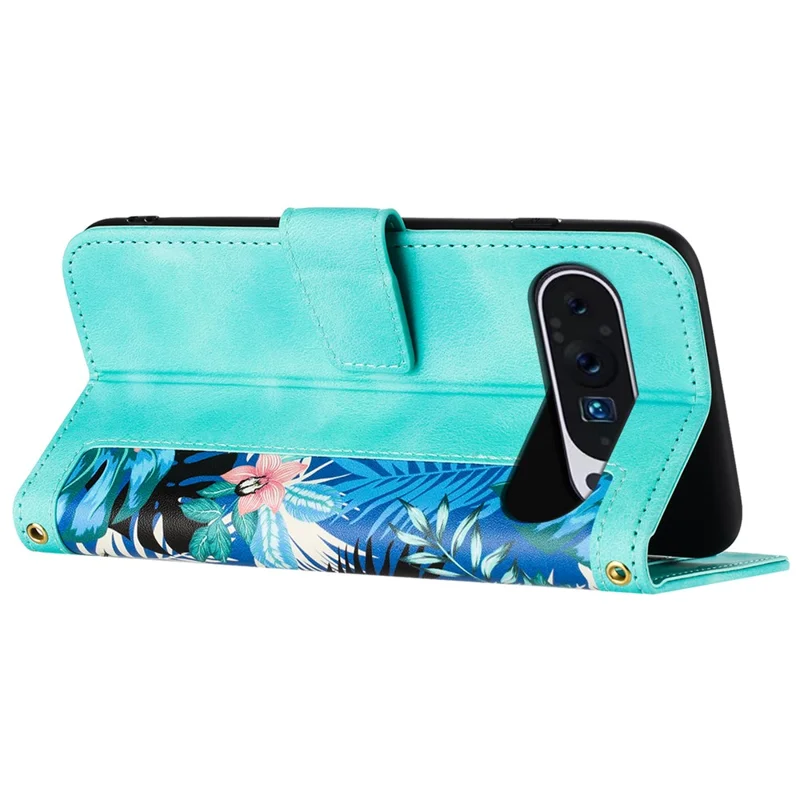 Etui na telefon Google Pixel 9 Pro XL z motywem kwiatów, etui ze sztucznej skóry PU z uchwytem i wpiętami na karty - zielony
