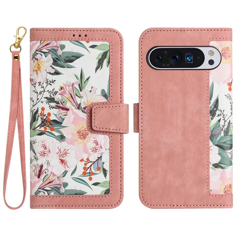 Phone Case for Google Pixel 9 Pro XL Flower Pattern PU Leather Stand Cover with Card Holder - Pink