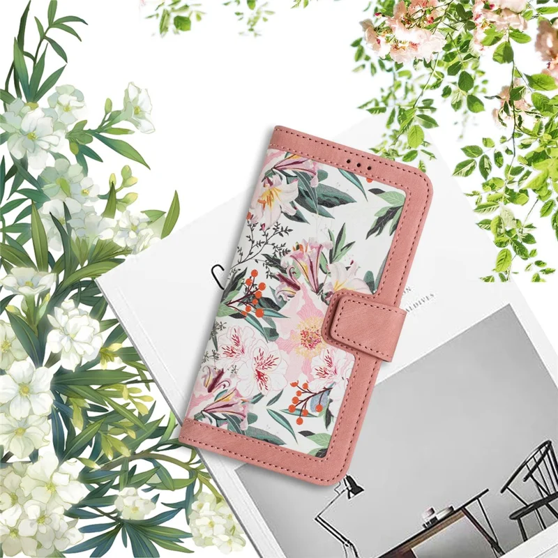 Phone Case for Google Pixel 9 Pro XL Flower Pattern PU Leather Stand Cover with Card Holder - Pink