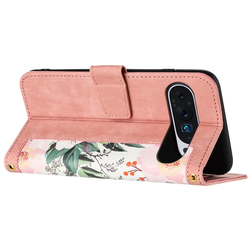 Phone Case for Google Pixel 9 Pro XL Flower Pattern PU Leather Stand Cover with Card Holder - Pink