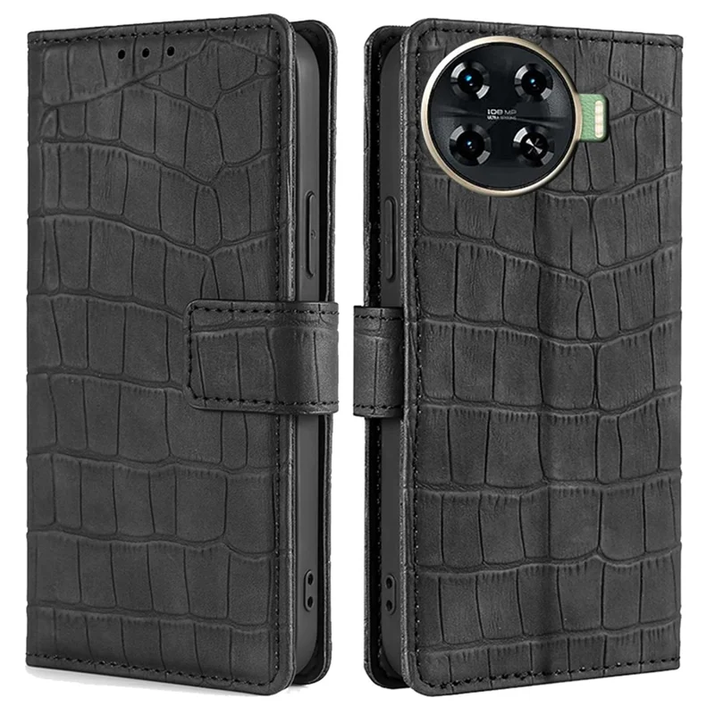 For TECNO Spark 20 Pro+ Phone Case Crocodile Texture PU Leather Protective Cover - Black