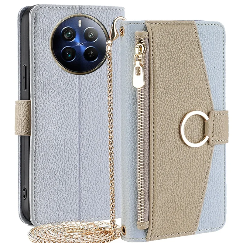 Per Realme 12 Pro 5G / 12 Pro+ 5G Custodia con cordino portafoglio zip Custodia in pelle per telefono - Blu