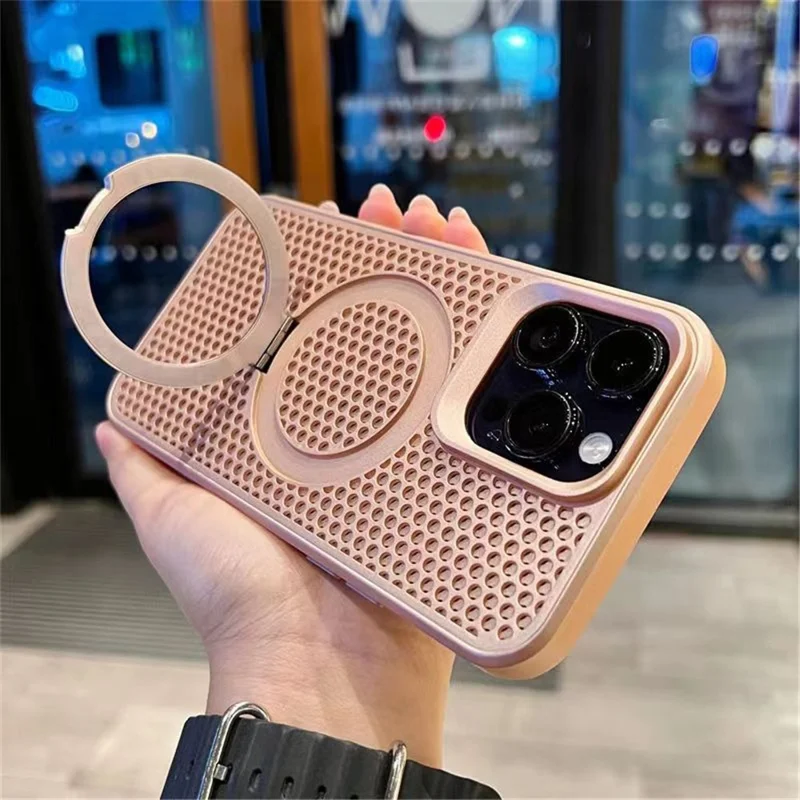 For iPhone 15 Pro Max Case PC+TPU Magnetic Ring Kickstand Cover with Honeycomb Heat Dissipation - Pink