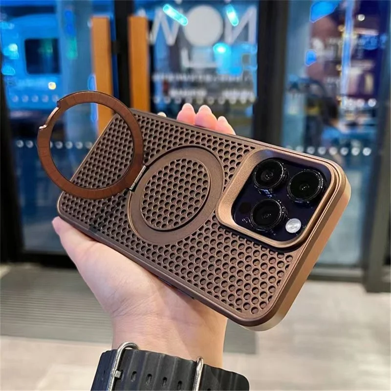 For iPhone 14 Pro Max Case Honeycomb Heat Dissipation PC+TPU Magnetic Ring Kickstand Cover - Brown