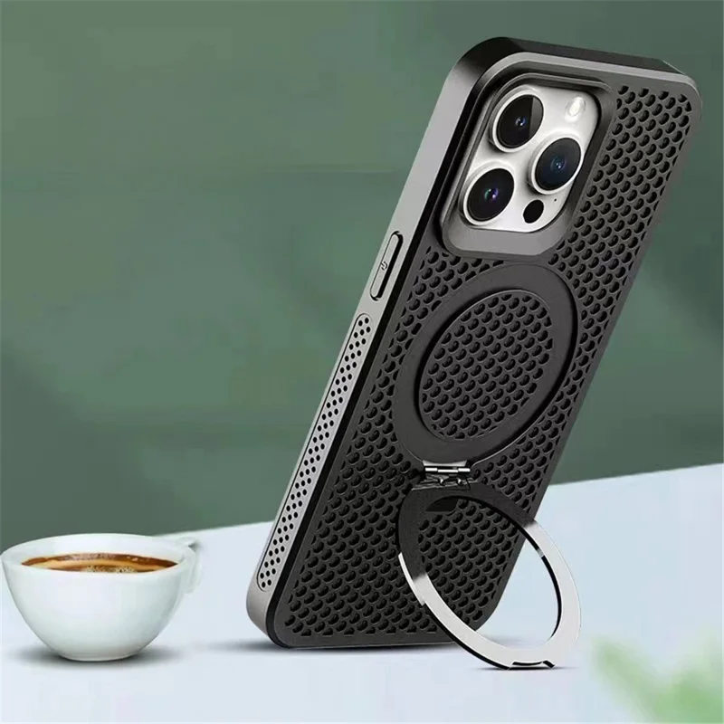 For iPhone 14 Pro Max Case Honeycomb Heat Dissipation PC+TPU Magnetic Ring Kickstand Cover - Brown