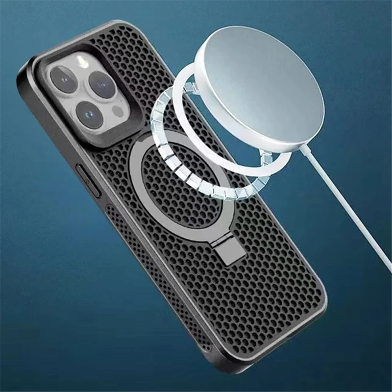 For iPhone 14 Pro Max Case Honeycomb Heat Dissipation PC+TPU Magnetic Ring Kickstand Cover - Brown