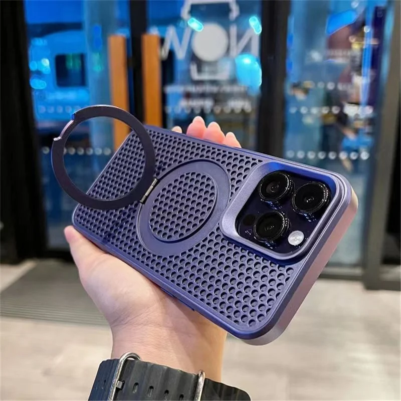 For iPhone 13 Pro Magnetic Case Honeycomb Texture PC+TPU Phone Cover with Kickstand - Dark Purple