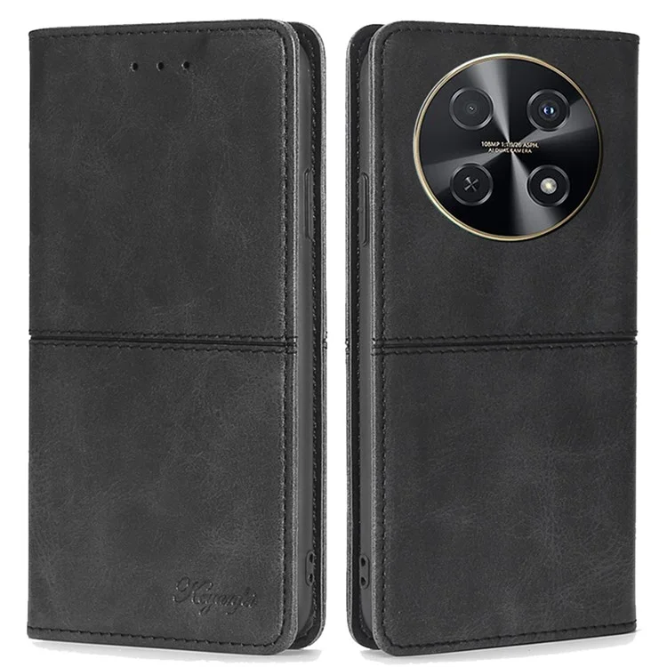 Para Huawei nova 12i 4G Case Cowhide Texture Leather Stand Magnetic Closure Phone Cover - Preto