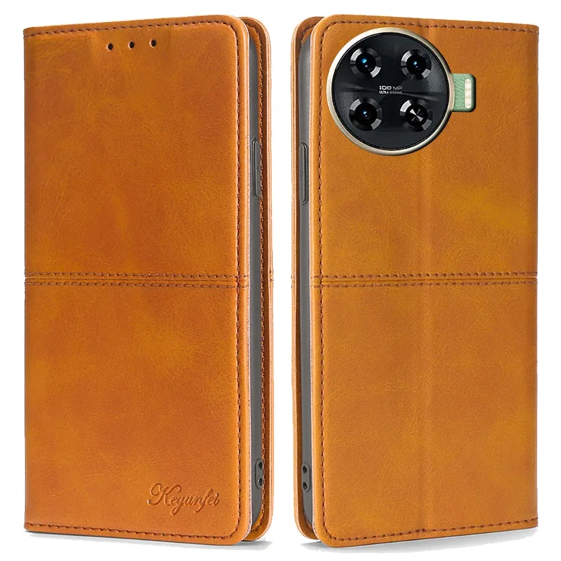 For TECNO Spark 20 Pro+ Case PU Leather Stand Folio Cowhide Texture Phone Cover - Light Brown