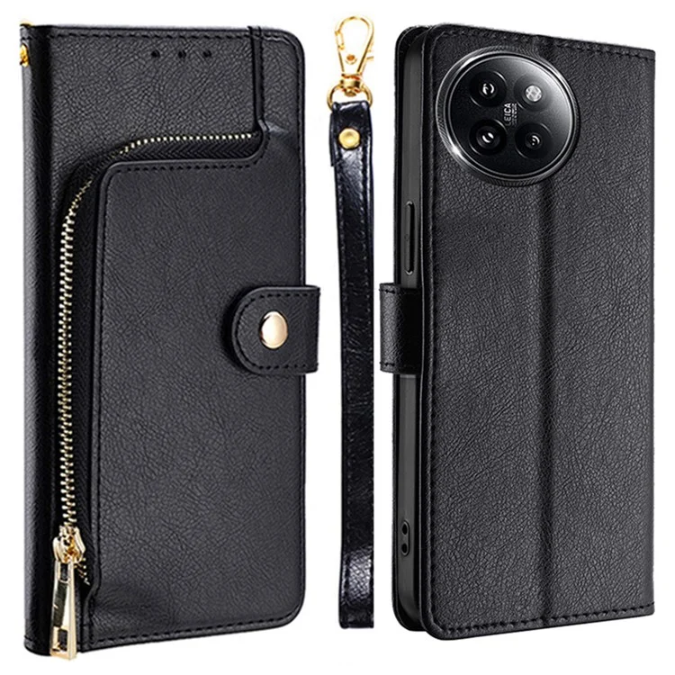 Pour Xiaomi Civi 4 Pro 5G / 14 Civi 5G Étui en cuir PU avec fermeture à glissière Portefeuille Anti-Rayures Support de téléphone - Noir