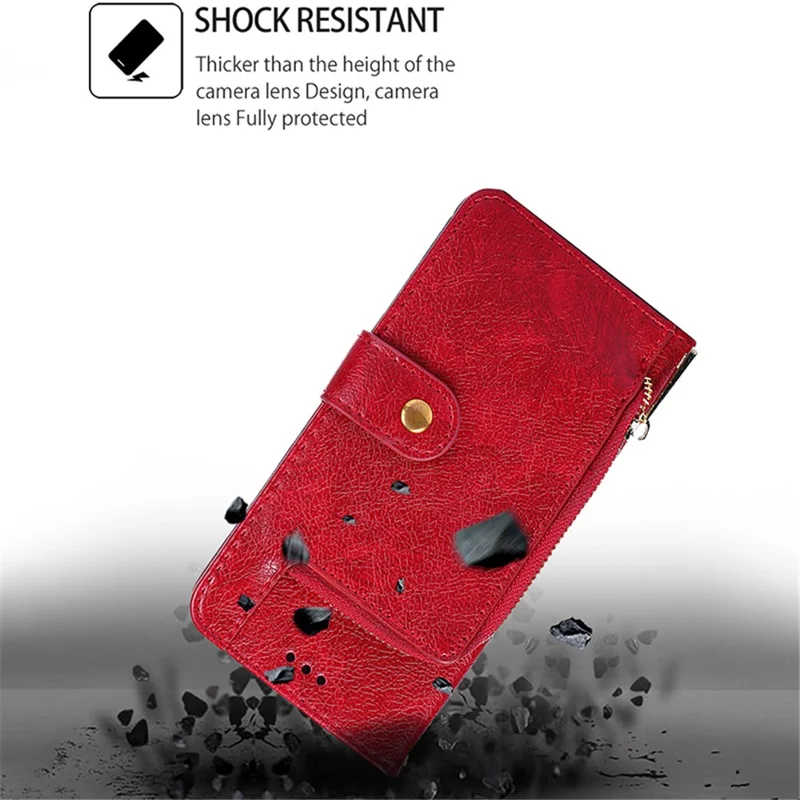 For Realme 12 4G / 12+ 5G Zipper Wallet Case Full Protection Flip Leather Phone Cover - Red