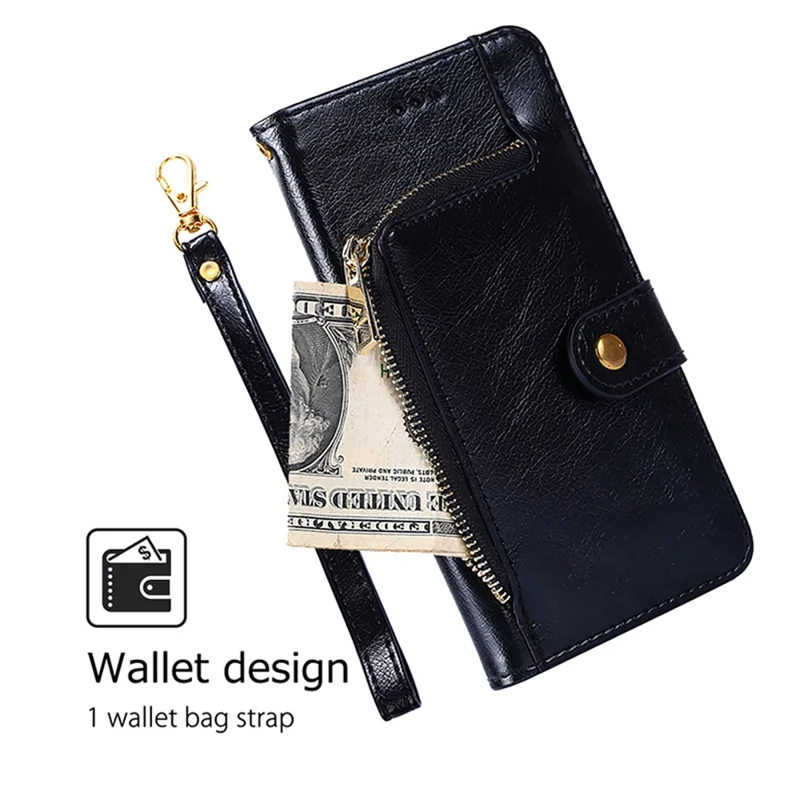 Для Xiaomi Redmi Note 13R Pro 5G Stand Case Full Protection Zipper Wallet Leather Phone Cover - Black