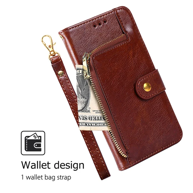 For Xiaomi Redmi Note 13R Pro 5G Stand Case Full Protection Zipper Wallet Leather Phone Cover - Brown