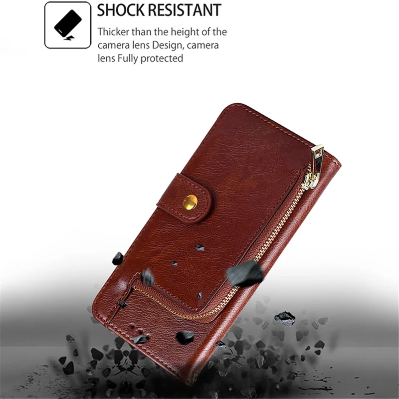 For Xiaomi Redmi Note 13R Pro 5G Stand Case Full Protection Zipper Wallet Leather Phone Cover - Brown