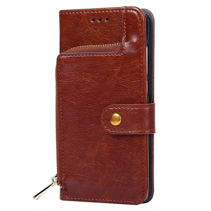 For Xiaomi Redmi Note 13R Pro 5G Stand Case Full Protection Zipper Wallet Leather Phone Cover - Brown