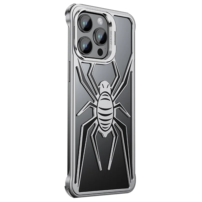 For iPhone 14 Pro Max Spider Design Airbag Case Hollow Out Aluminum Alloy Phone Cover - Silver