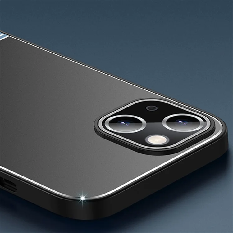 For iPhone 14 Matte Case Metal+PC+TPU Shockproof Mobile Phone Cover - Black+Brushed Black