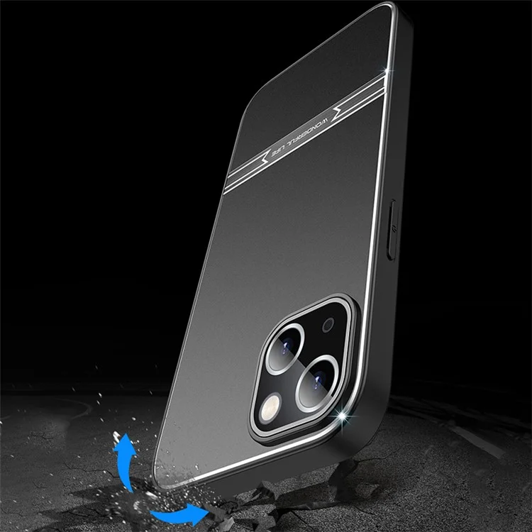 For iPhone 14 Matte Case Metal+PC+TPU Shockproof Mobile Phone Cover - Black+Brushed Black