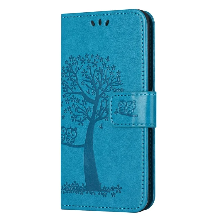 Custodia in pelle per Samsung Galaxy M15 5G / F15 5G, custodia portafoglio con stampa di gufo e albero - blu