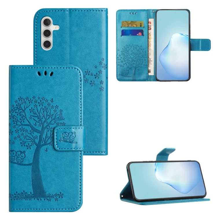 Custodia in pelle per Samsung Galaxy M15 5G / F15 5G, custodia portafoglio con stampa di gufo e albero - blu