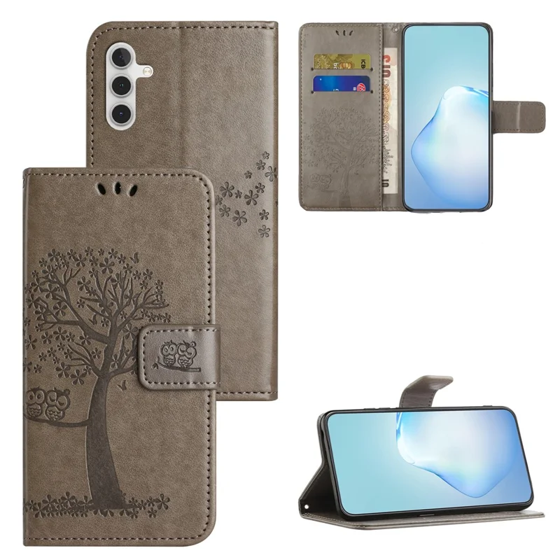 Leather Case for Samsung Galaxy M15 5G / F15 5G , Wallet Phone Cover Imprinted Owl Tree - Grey