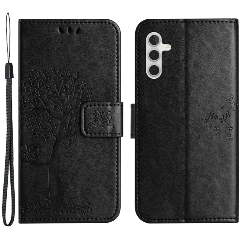 Leather Case for Samsung Galaxy M15 5G / F15 5G , Wallet Phone Cover Imprinted Owl Tree - Black