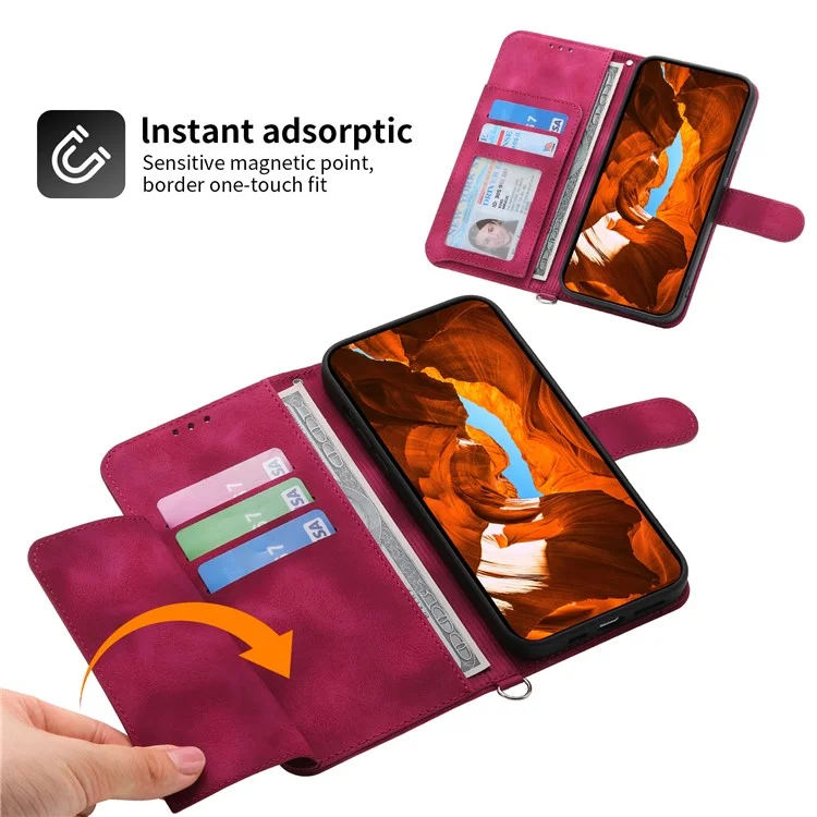 For Samsung Galaxy M55 5G / C55 5G / F55 5G Case Card Slots Wallet Leather Phone Cover with 2 Straps - Wine Red